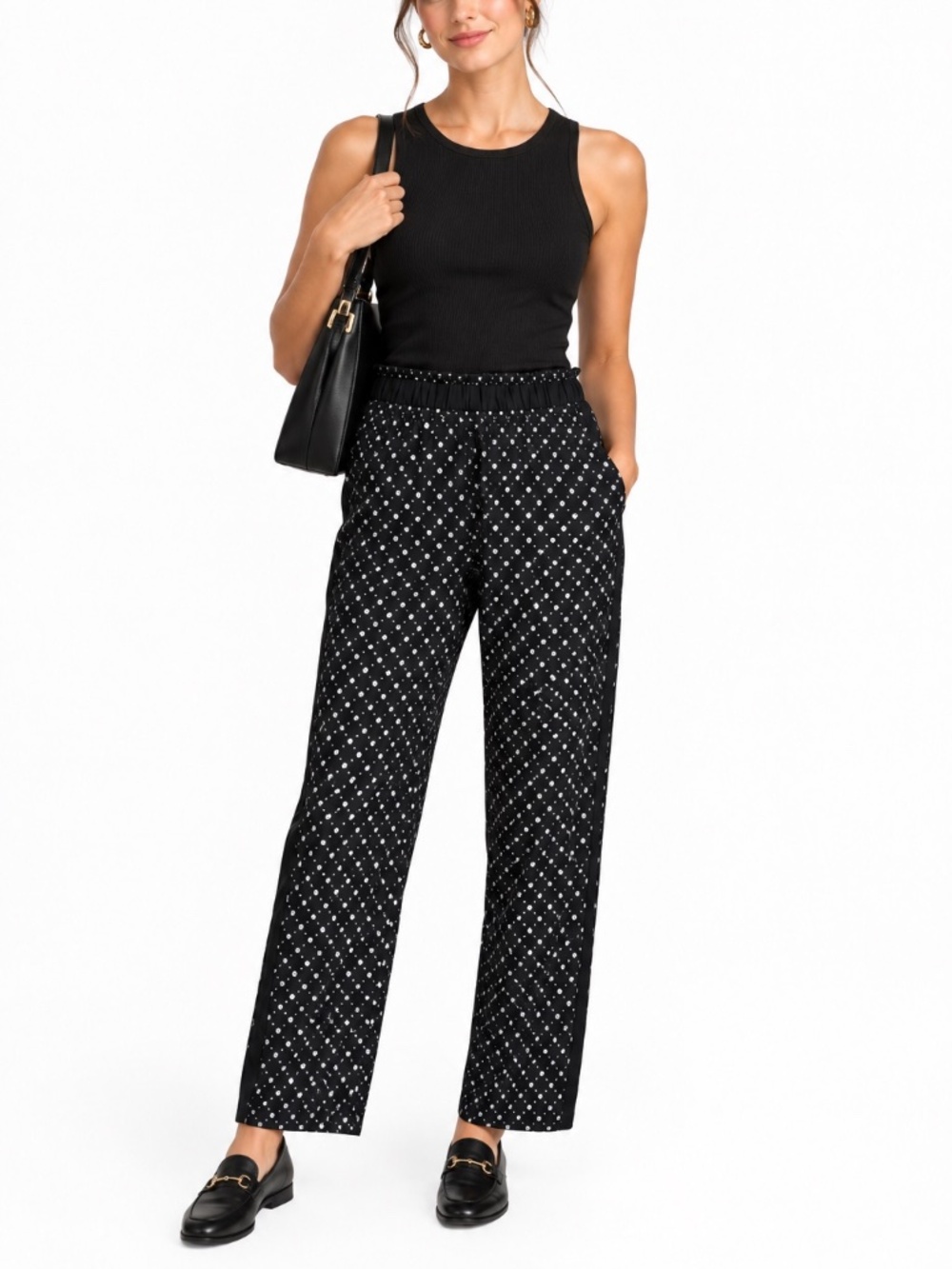 H&M Black Straight-Leg SideStripe Pants Geometric Tile Elastic Athleisure Travel